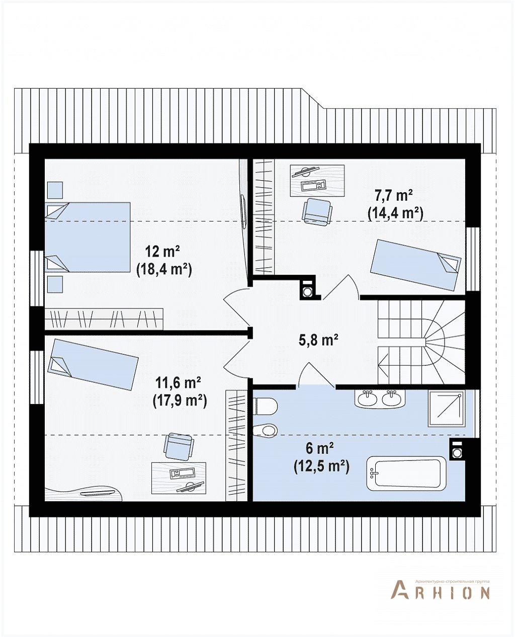 3. Проект одноэтажного дома в европейском стиле с двускатной кровлей, Z40 os, площадью - 142 кв c мансардой